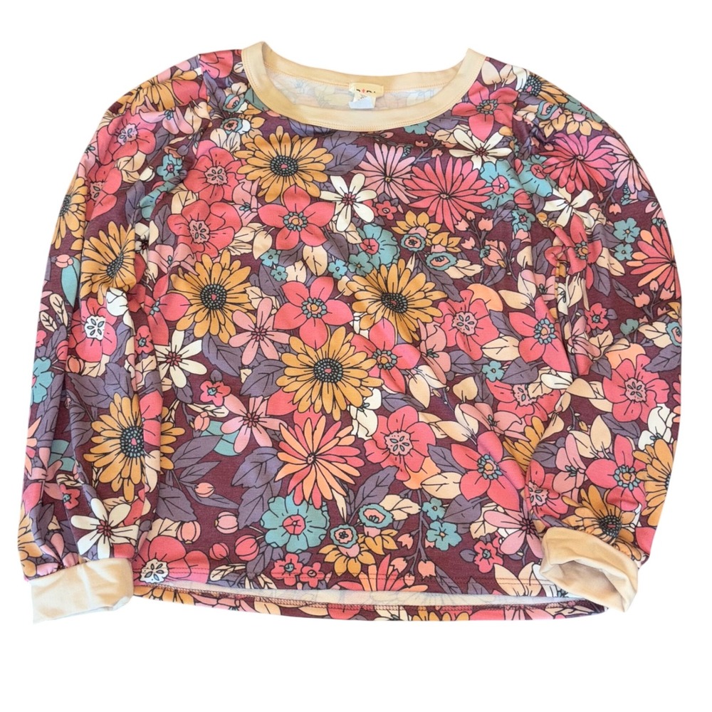 BiBi! | Medium | Floral Print Long Sleeve Top | Puff Sleeves|‎ Berry Colorway